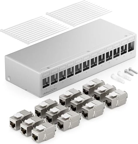 deleyCON Patchpanel Gehäuse für Keystone Module, 1HE, inkl. RJ-45 Cat6a Module, 12-Port, 1HE