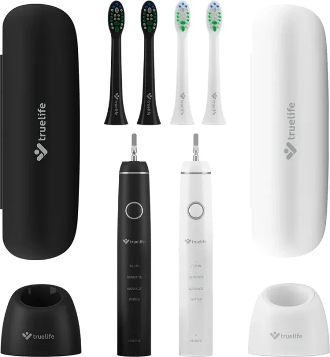 TrueLife SonicBrush Compact Duo schwarz/weiß + 2. Handstück + 4 Aufsteckbürsten