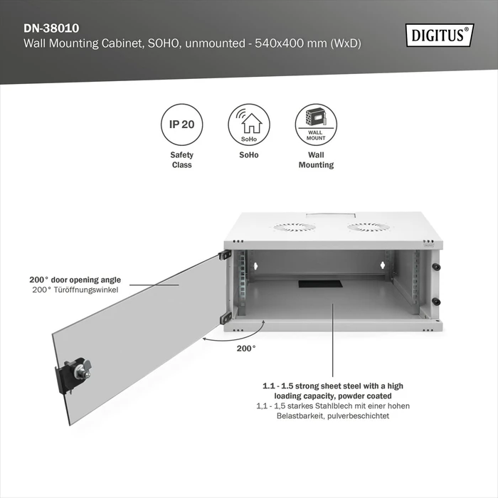 Digitus Professional SoHo Line 19" Wandgehäuse 4HE, unmontiert, Sicherheitsglastür, IP20, RAL 7035, 400mm tief