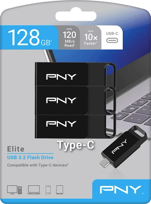 PNY Elite Type-C 128GB, USB-C, USB 3.2 Gen 1×1, 3er-Pack