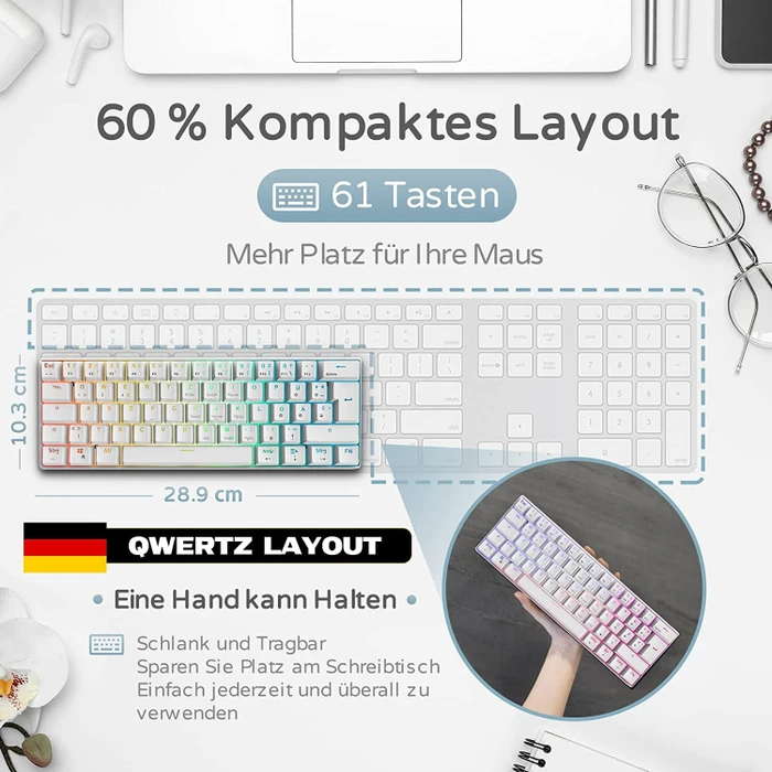 RK Royal Kludge RK61 60% Wireless, weiß, LEDs RGB, hot-swap, RK BROWN, USB/Bluetooth, DE