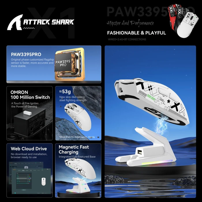 Attack Shark X1 Tri-mode Wireless Gaming Mouse mit Ladestation, weiß, inkl. Grip Tape, USB/Bluetooth