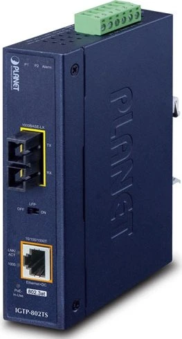 Planet IGTP-802TS Industrial Gigabit Medienkonverter, 1x RJ-45, 1x SC-Duplex SM 20km, 30W PoE+