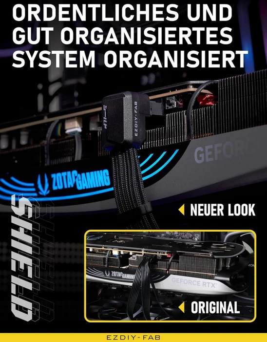 EZDIY-FAB 12V-2x6 Kabel, Shield, 16-Pin PCIe Verlängerungskabel, 1x 16-Pin PCIe 5.1 Buchse auf 16-Pin PCIe 5.1 Stecker, Variante Standard, Sense-Pins an der Unterseite, 16AWG, schwarz, 90° gewinkelt
