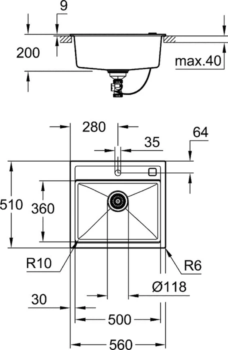 Grohe K700 60-C 56/51 1.0 Einbau Becken links granit schwarz