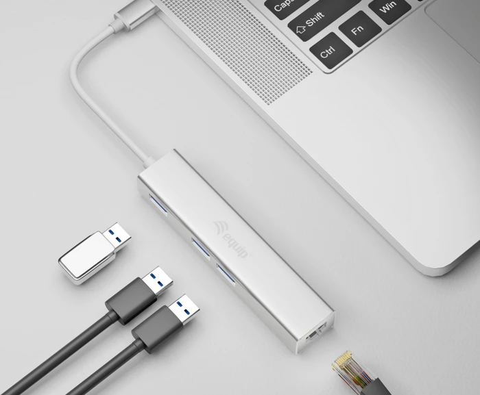Equip 3-Port-USB-Hub mit Gigabit Adapter, USB-C 3.0 [Stecker]
