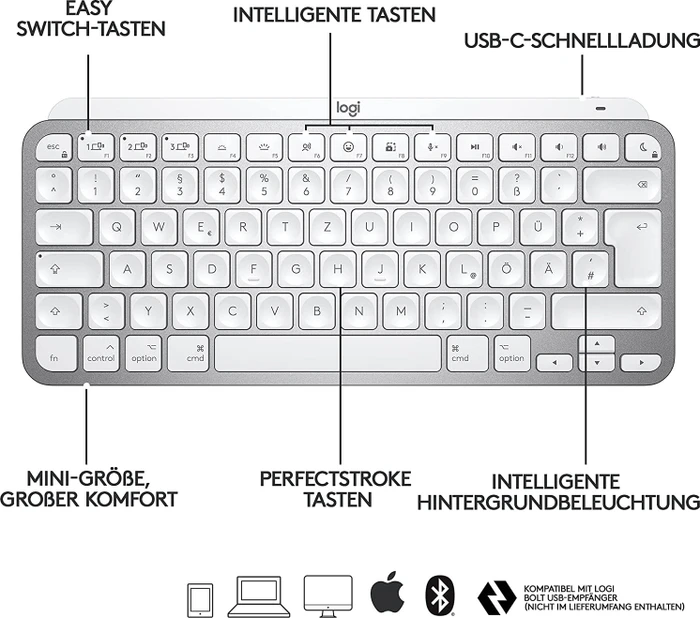 Logitech MX Keys Mini for Mac, LEDs weiß, Logi Bolt, Pale Gray, weiß/grau, USB/Bluetooth, DE