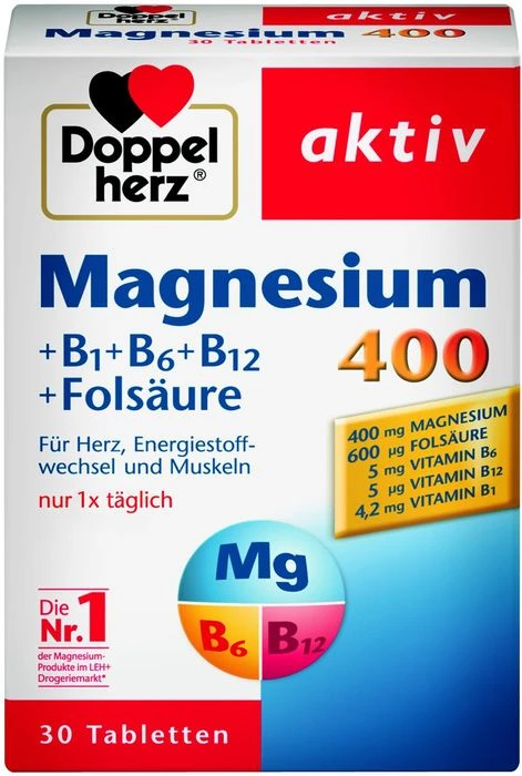 Doppelherz Magnesium 400 + B1 + B6 + B12 + Folsäure, 30 Stück