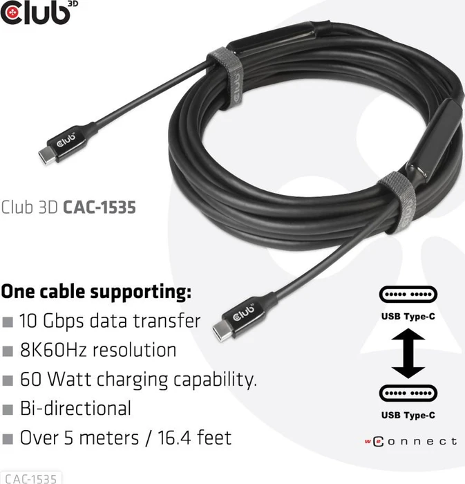 Club 3D USB-C 3.1 Kabel, aktiv, 10Gb/s, 8K60Hz, 60W PD, USB-C 3.1 Stecker auf USB-C 3.1 Stecker, 5m