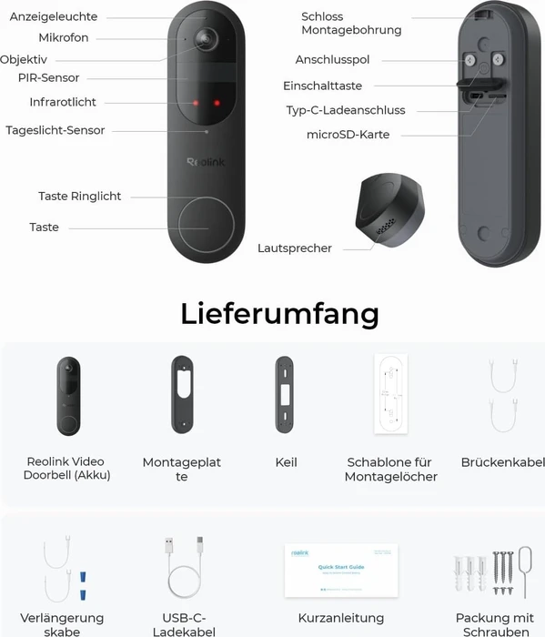 Reolink Video Doorbell Battery schwarz, inkl. Türgong, Video-Türklingel