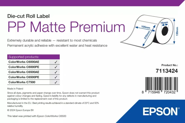 Epson Endlosetiketten PP Premium Matte Die-Cut Roll Label, 105x210mm, wetterfest, weiß, matt, 259 Etiketten