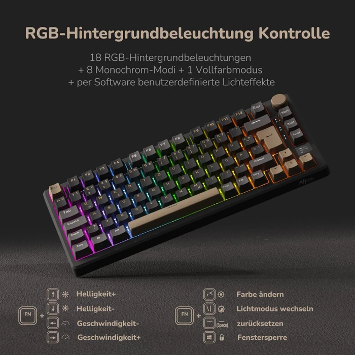 RK Royal Kludge M75 Wireless, grau/schwarz, LEDs RGB, hot-swap, RK RED, USB/Bluetooth, DE
