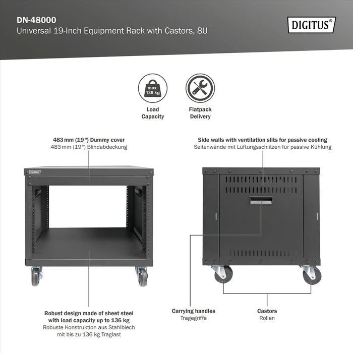 Digitus Audio Video Rack 19" AVS/Equipment Rack 8HE, mit Rollen, unmontiert, RAL 9005, 460mm tief