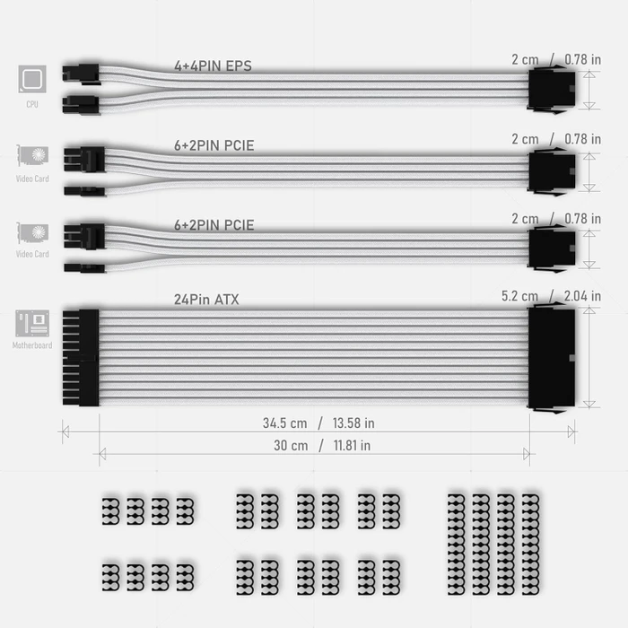 EZDIY-FAB Cable Extension Kit, 1x 24-Pin, 1x 4/8-Pin ATX, 2x 8-Pin PCIe, 18AWG, weiß/schwarz