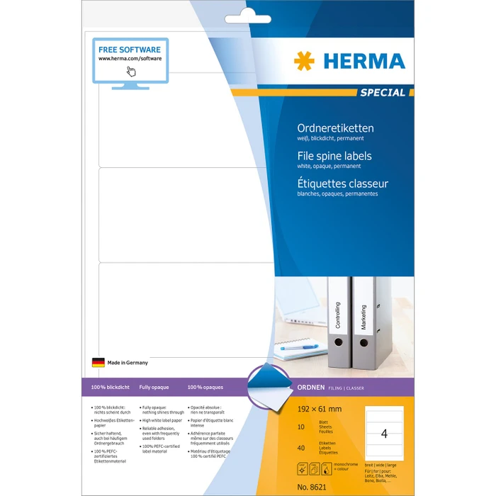 Herma Ordneretiketten, 192x61mm, weiß, matt, 10 Blatt (40 Etiketten)