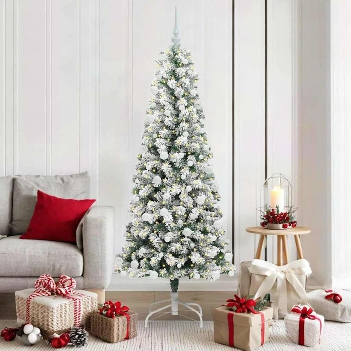 vidaXL Künstlicher Weihnachtsbaum schlank mit Schnee, 180cm, inkl. LED-Beleuchtung