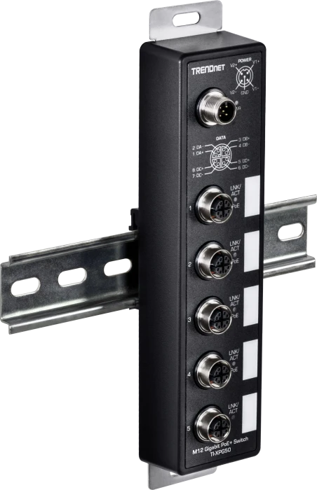 TRENDnet TI Hardened Industrial Railmount Gigabit Switch, 5x M12, 120W PoE+