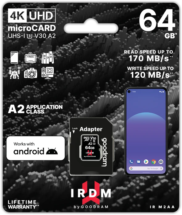 goodram M2AA IRDM MICROCARD R170/W120 64GB Kit, UHS-I U3, A2, Class 10