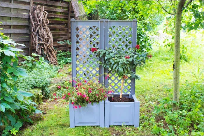 KHW Pflanzkasten-Set mit Spalier 43x43cm grau, 2-tlg.