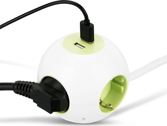 REV Ritter PowerGlobe Steckdosenwürfel, 4-fach, 2x USB, 1.4m, weiß/grün