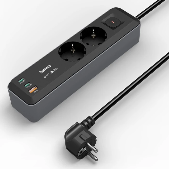 Hama Steckdosenleiste mit Schalter, 2-fach, 1x USB-A/2x USB-C 65W USB-PD, 1.4m, schwarz/grau