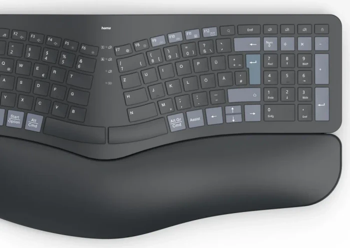 Hama WK-900 Ergo Multi-Device Tastatur, schwarz, LEDs weiß, mit Handballenauflage, USB/Bluetooth, DE