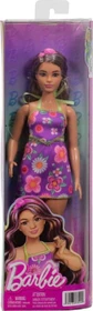 Mattel Barbie - Fashionistas Barbie in einem Neckholder-Kleid mit Blumenmuster, mit braunem Haar mit violetten Strähnchen