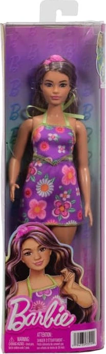 Mattel Barbie - Fashionistas Barbie in einem Neckholder-Kleid mit Blumenmuster, mit braunem Haar mit violetten Strähnchen