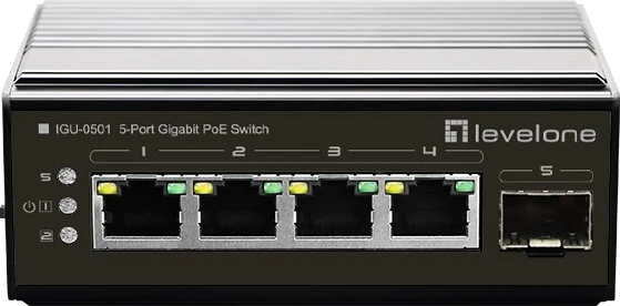 LevelOne IGU Industrial Railmount Gigabit Switch, 4x RJ-45, 1x SFP