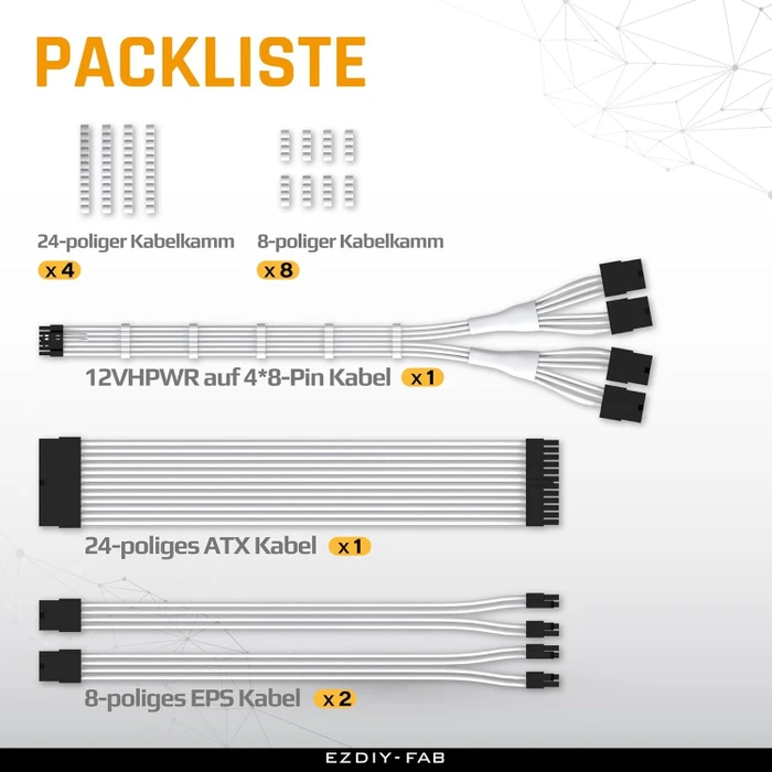 EZDIY-FAB 12VHPWR Cable Kit, 1x 24-Pin, 2x 4/8-Pin ATX, 1x 12VHPWR/4x 8-Pin PCIe, 16AWG, weiß/schwarz