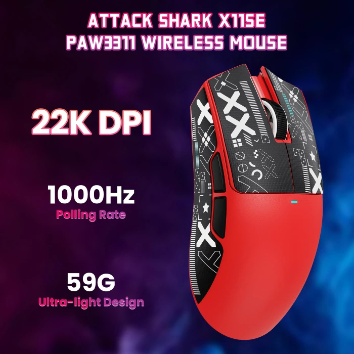 Attack Shark X11SE Wireless Gaming Mouse rot, inkl. Grip Tape, USB/Bluetooth
