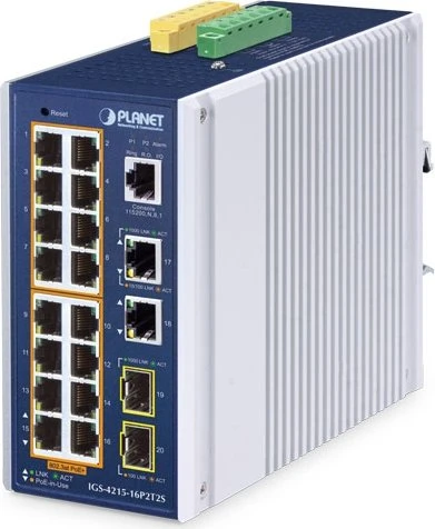 Planet IGS-4215 Industrial Railmount Gigabit Managed Switch, 16x RJ-45, 2x RJ-45/SFP, 320W PoE+