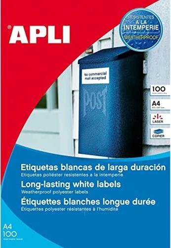 APLI Etiketten, 210x297mm, wetterfest, weiß, matt, 100 Blatt (100 Etiketten)