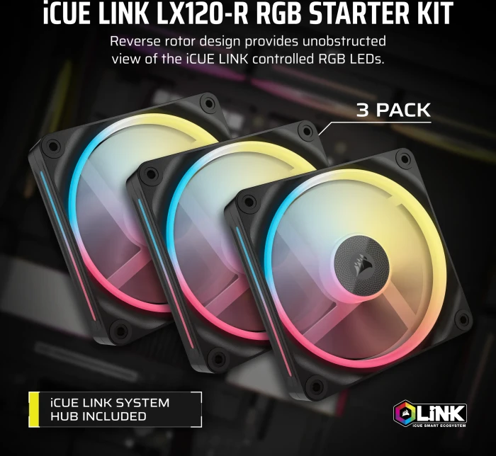 Corsair iCUE LINK LX120-R RGB Starter Kit, schwarz, LED-Steuerung, 120mm, 3er-Pack