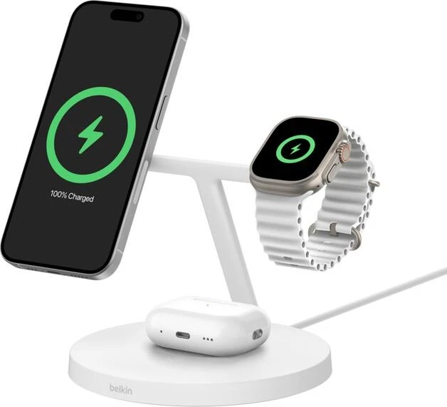 Belkin BoostCharge Pro kabellose 3-in-1-Ladestation mit Qi2 (15W) weiß