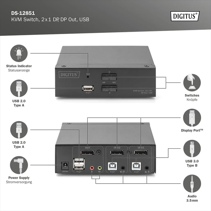 Digitus KVM-Switch, 4K, DisplayPort, 2-fach KVM-Switch
