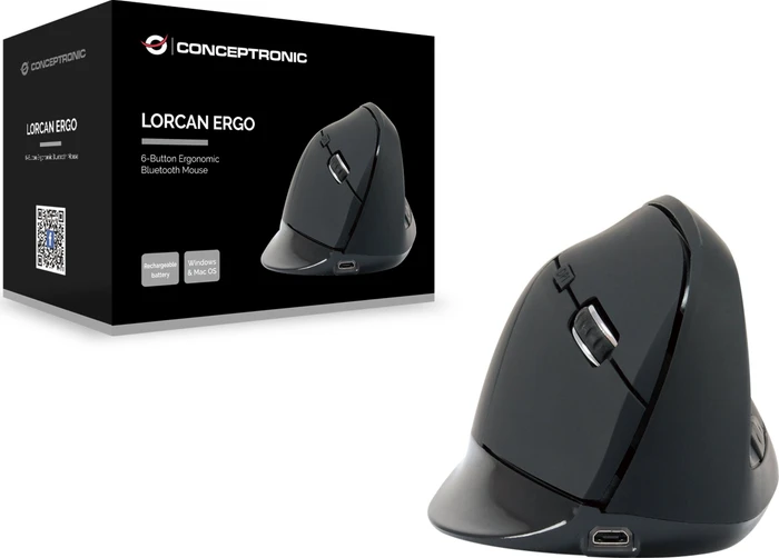 Conceptronic LORCAN03B ERGO Vertikale 6-Tasten Bluetooth Maus schwarz, Bluetooth