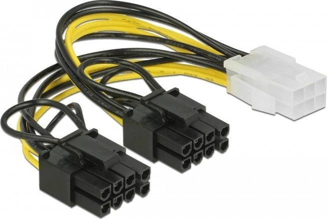 DeLOCK 6-Pin PCIe Buchse auf 2x 6/8-Pin PCIe Stecker, gelb/schwarz, Adapterkabel, 15cm