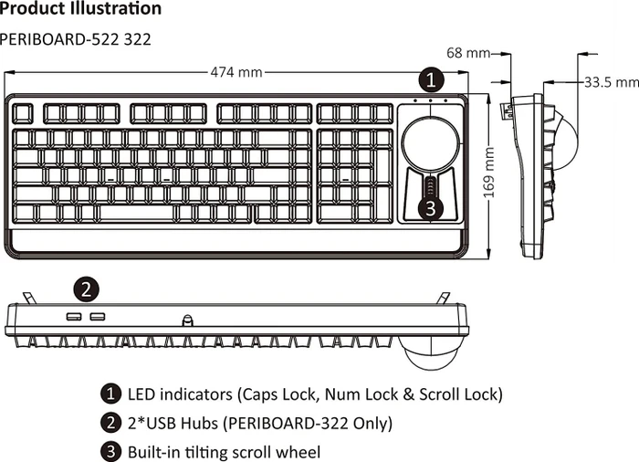 Perixx Periboard-522 Large Trackball Mechanical Trackball Keyboard schwarz, Kailh BROWN, USB, US