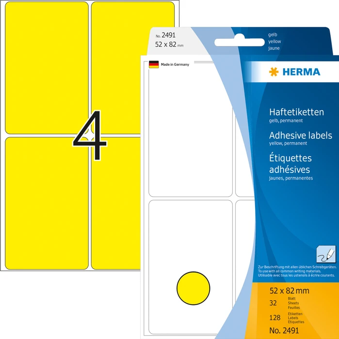 Herma Vielzwecketiketten, 52x82mm, gelb, 32 Blatt (128 Etiketten)