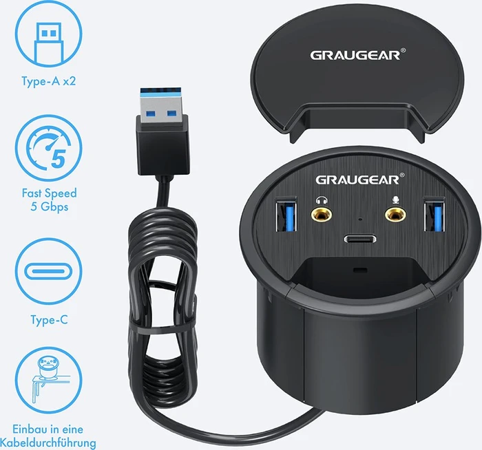 Graugear G-THUB-AU-60 Tisch HUB mit Audioanschlüssen, USB-A 3.0 [Stecker]