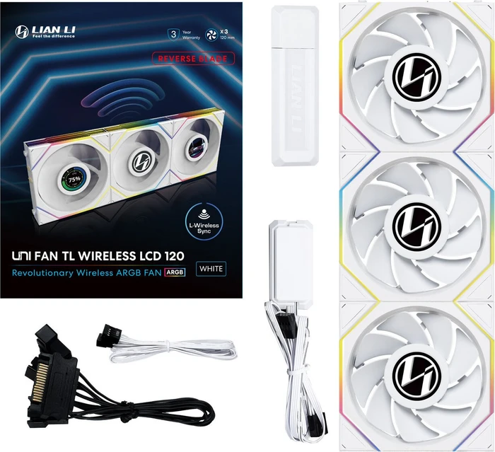 Lian Li Uni Fan TL LCD Wireless 120 RGB Reverse Blade, weiß, LED-Steuerung, 120mm, 3er-Pack