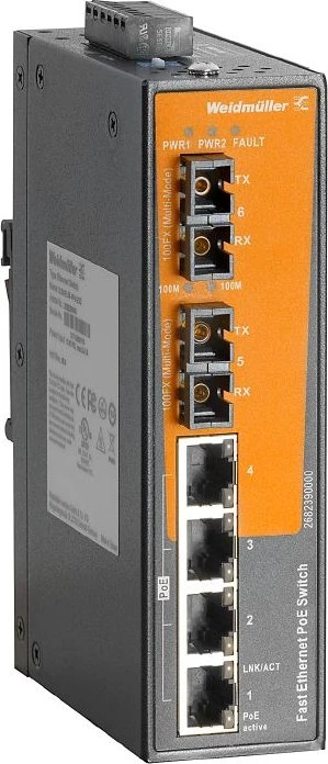 Weidmüller EL-Series Industrial Railmount Switch, 4x RJ-45, 2x SC-Duplex, 120W PoE+