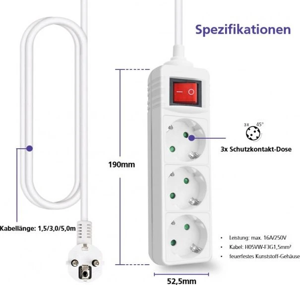 Helos CLASSIC Steckdosenleiste mit Schalter, 3-fach, 1.5m, weiß