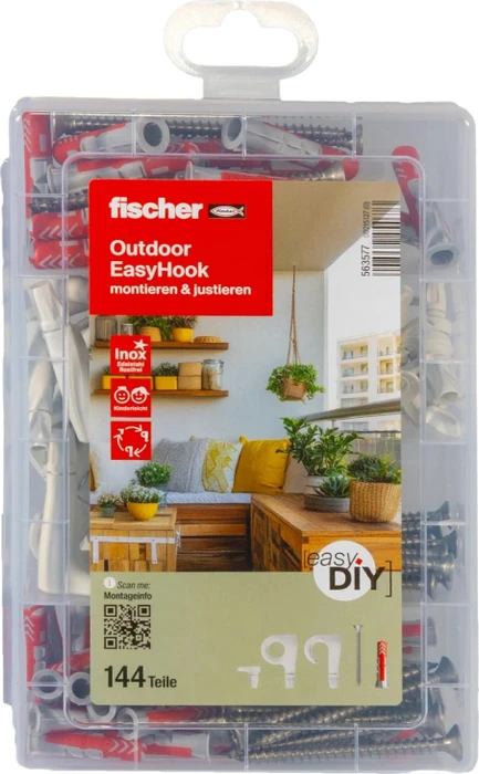 fischer EasyDIY Box Outdoor EasyHook Schrauben/Dübel-Sortiment inkl. Werkzeugbox, 144 Stück