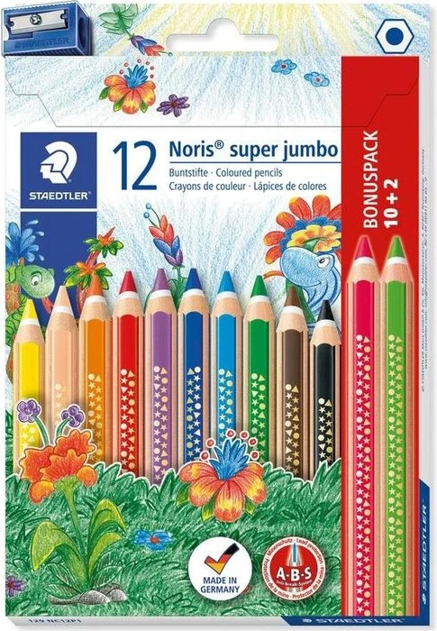 Staedtler Noris Super Jumbo 129 Buntstift sortiert, Anspitzer, 12er-Set (129 NC12P1)