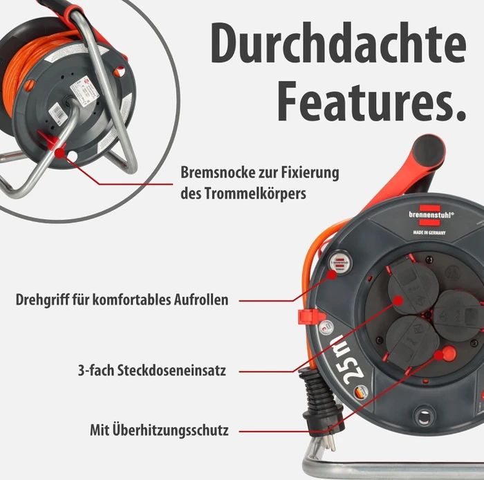 Brennenstuhl Garant V2 Kabeltrommel, Schuko auf 3x Schuko, 25m, IP44, AT-N05V3V3-F 3G1,5