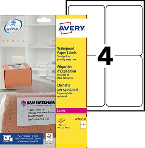 Avery-Zweckform Versandetiketten, 99.1x139mm, wetterfest, weiß, 25 Blatt (100 Etiketten)