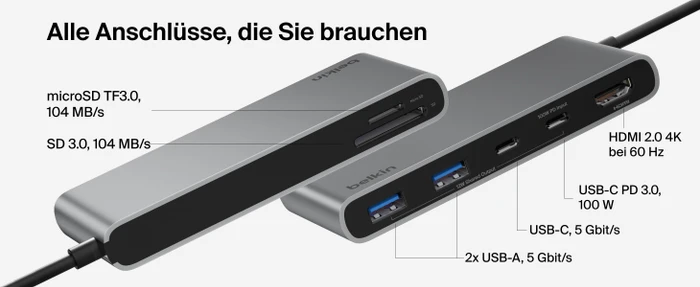 Belkin Connect USB-C 7-in-1 Multiport Hub Adapter, USB-C 3.0 [Stecker], schwarz