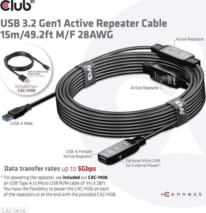 Club 3D USB 3.0 aktives Verlängerungskabel A/A, 15m